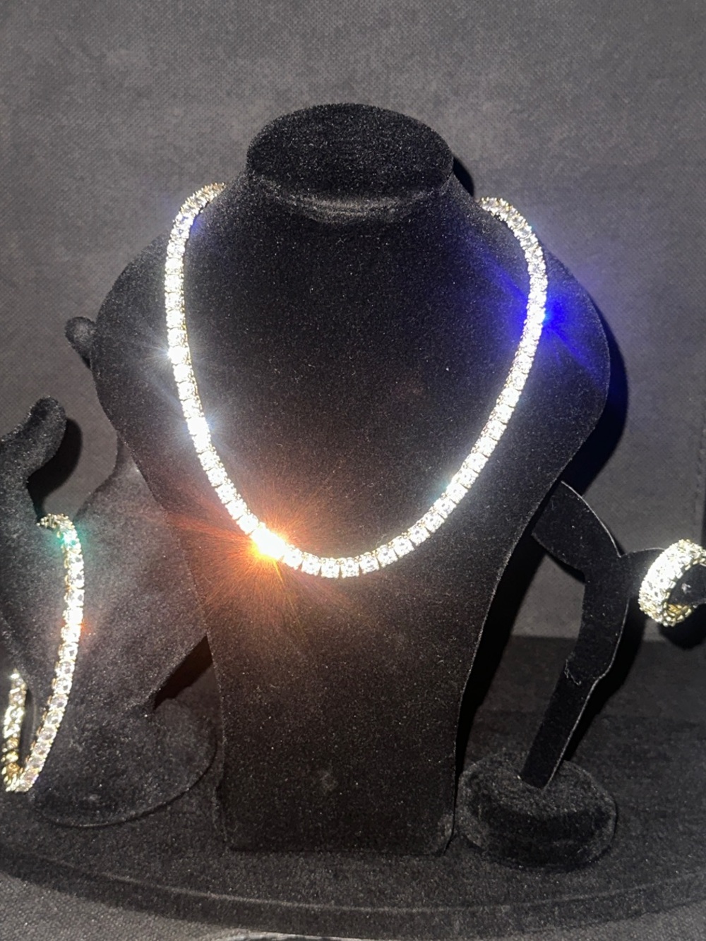 Classic Gold base White Crystal Tennis Necklace, Bracelet and Ring Ser